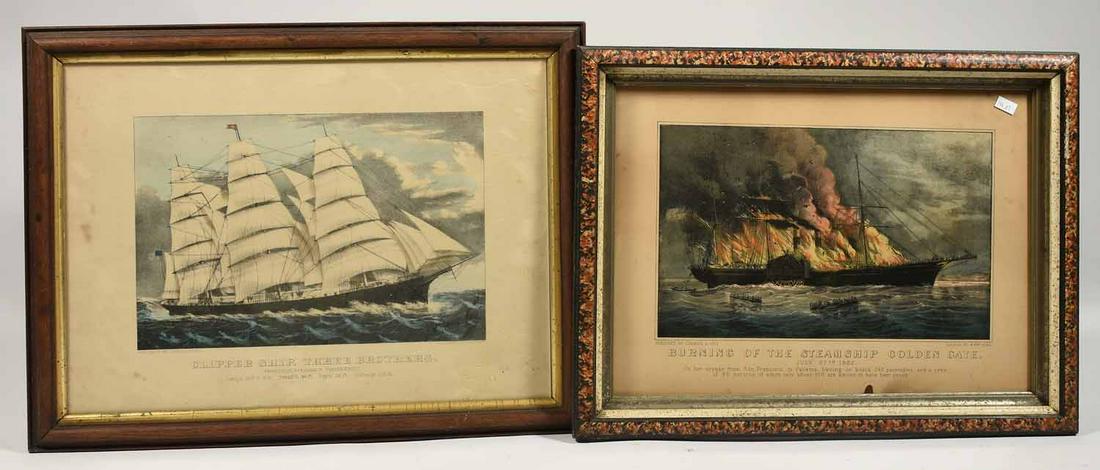 Two Currier & Ives Lithographs: Currier & Ives: “Burning of the Steamship Golden Gate” 8" x 12" (Sight size) along with "Clipper Ship, Three Brothers” 12.75 X 17” 