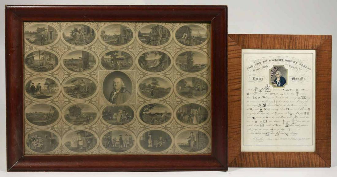 Benjamin Frank artwork including Currier & Ives: Currier & Ives, " The Art of Making Money Plenty In Every Mans Pocket, By Dr. Franklin” 12 " x 9 " along with other Benjamin Franklin antique lithograph, 17” X 23” (sight Size)