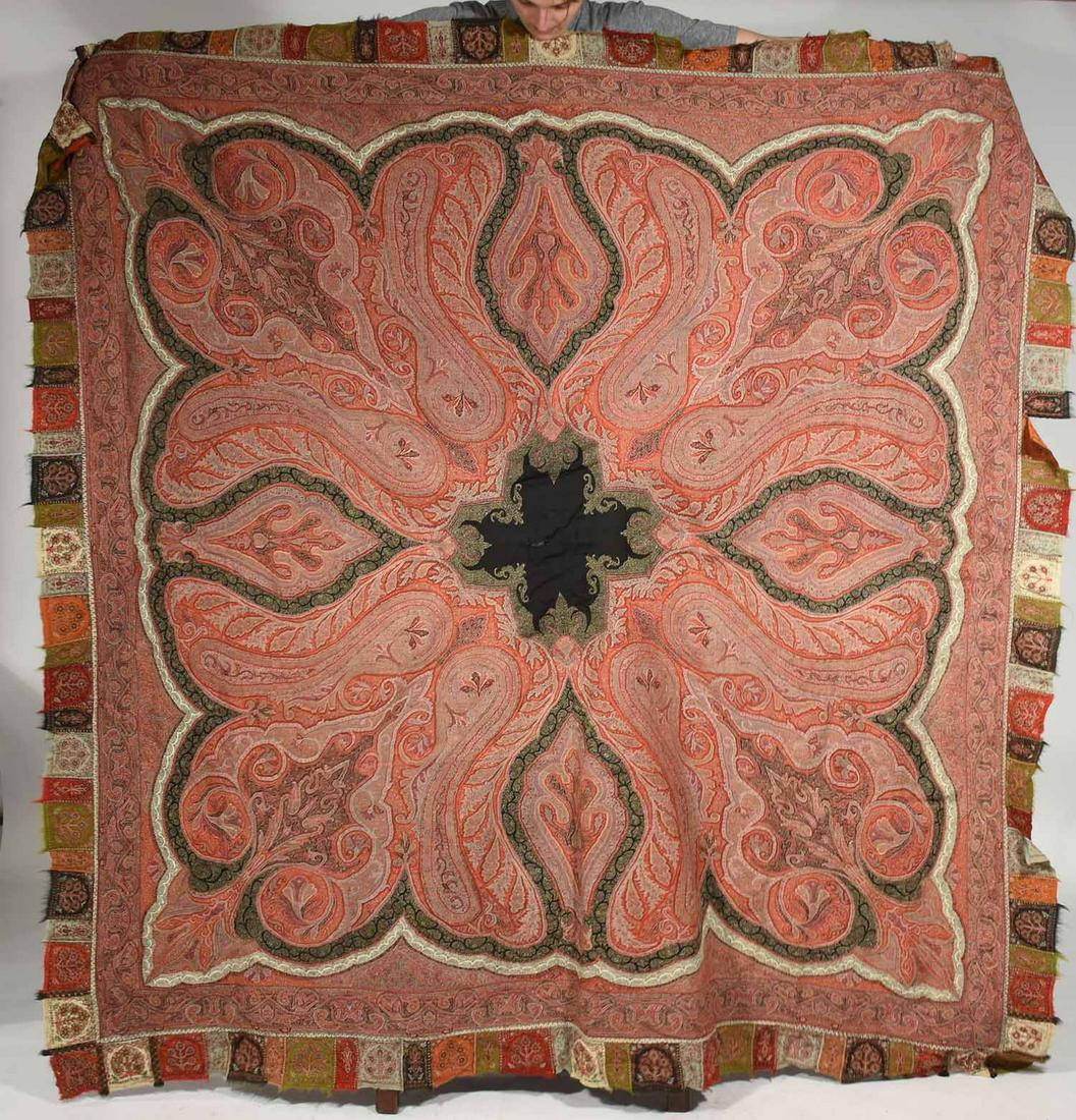 Fine antique paisley coverlet: Fine antique embroidered paisley coverlet, 75” square