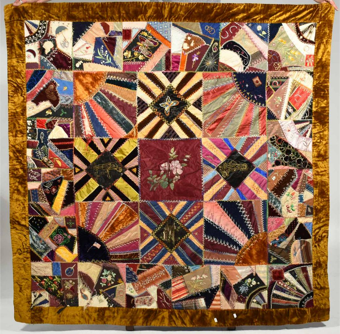 Victorian crazy quilt: Cool Victorian Era patchwork crazy quilt with figural, American flag, butterfly and other designs, 60” X 60” 