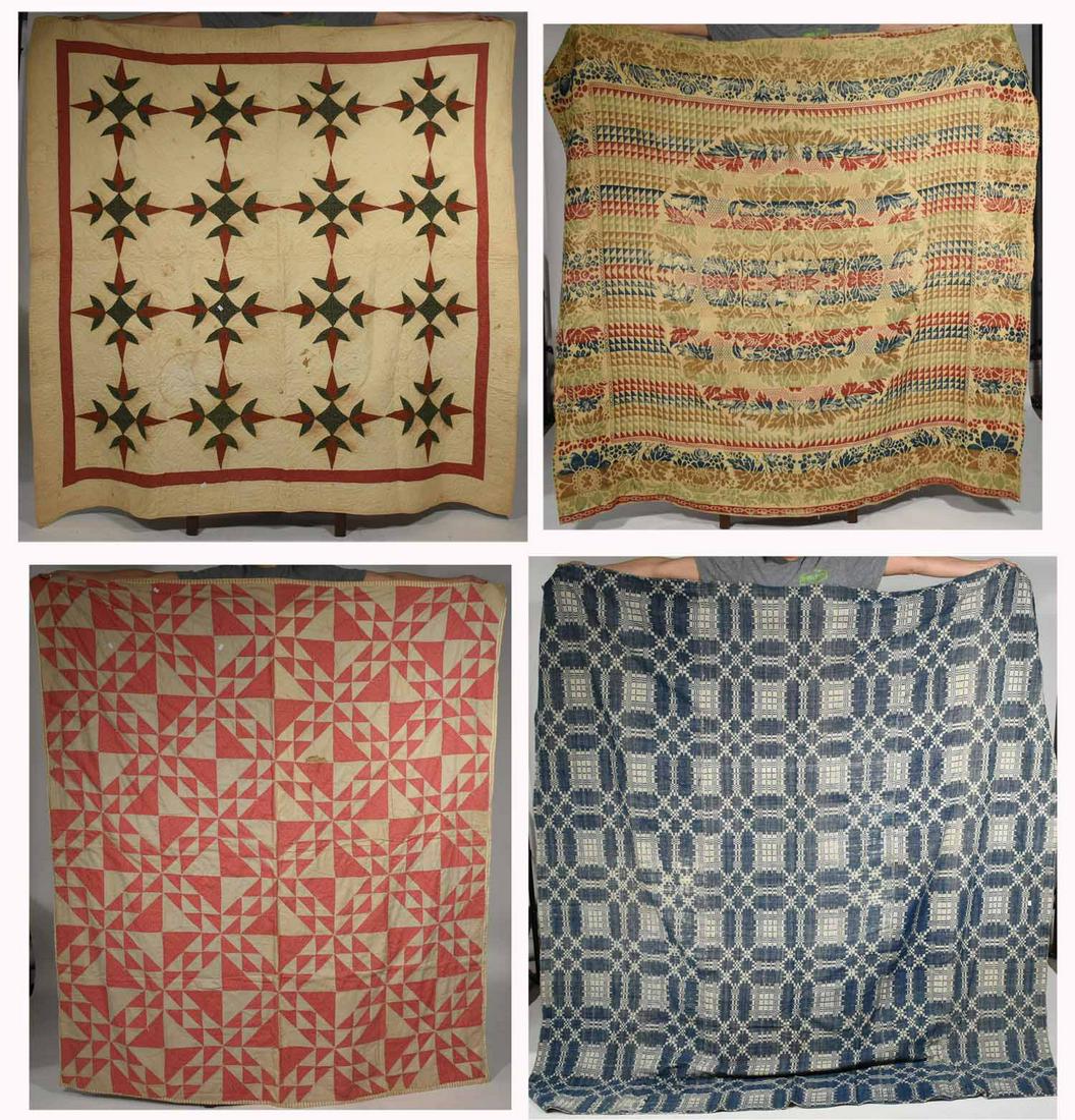 Lot of early quilts/coverlets: Four antique coverlets and quilts including applique, and homespun examples