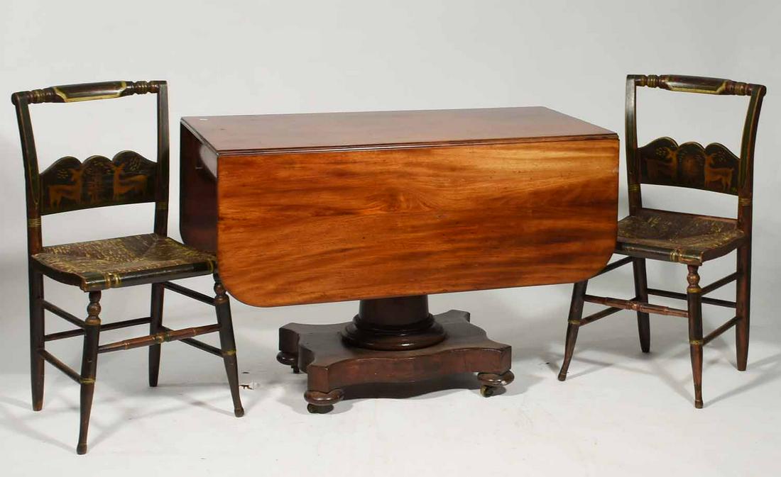 19th C table and chairs: 19th C. mahogany Empire dining table with column pedestal, L 41 " Along with pair of Sheraton paint decorated side chairs