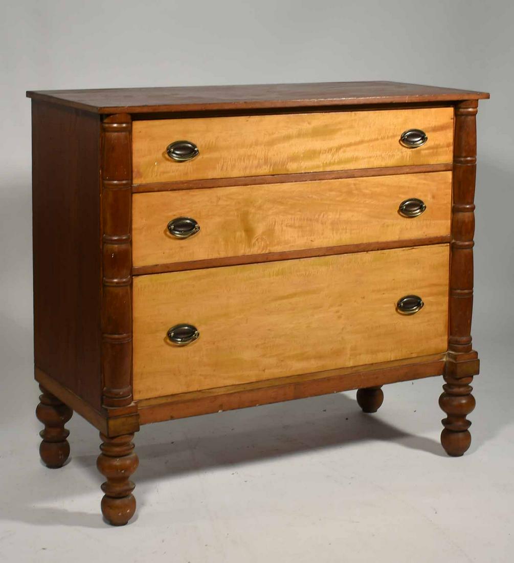 Country19th C. Sheraton birch/pine 3 drawer chest: Country N.E. 19th C. Sheraton birch and pine three drawer chest with spool turned columns and natural finish, 41" W x 39 1/2” H x 19 "D 