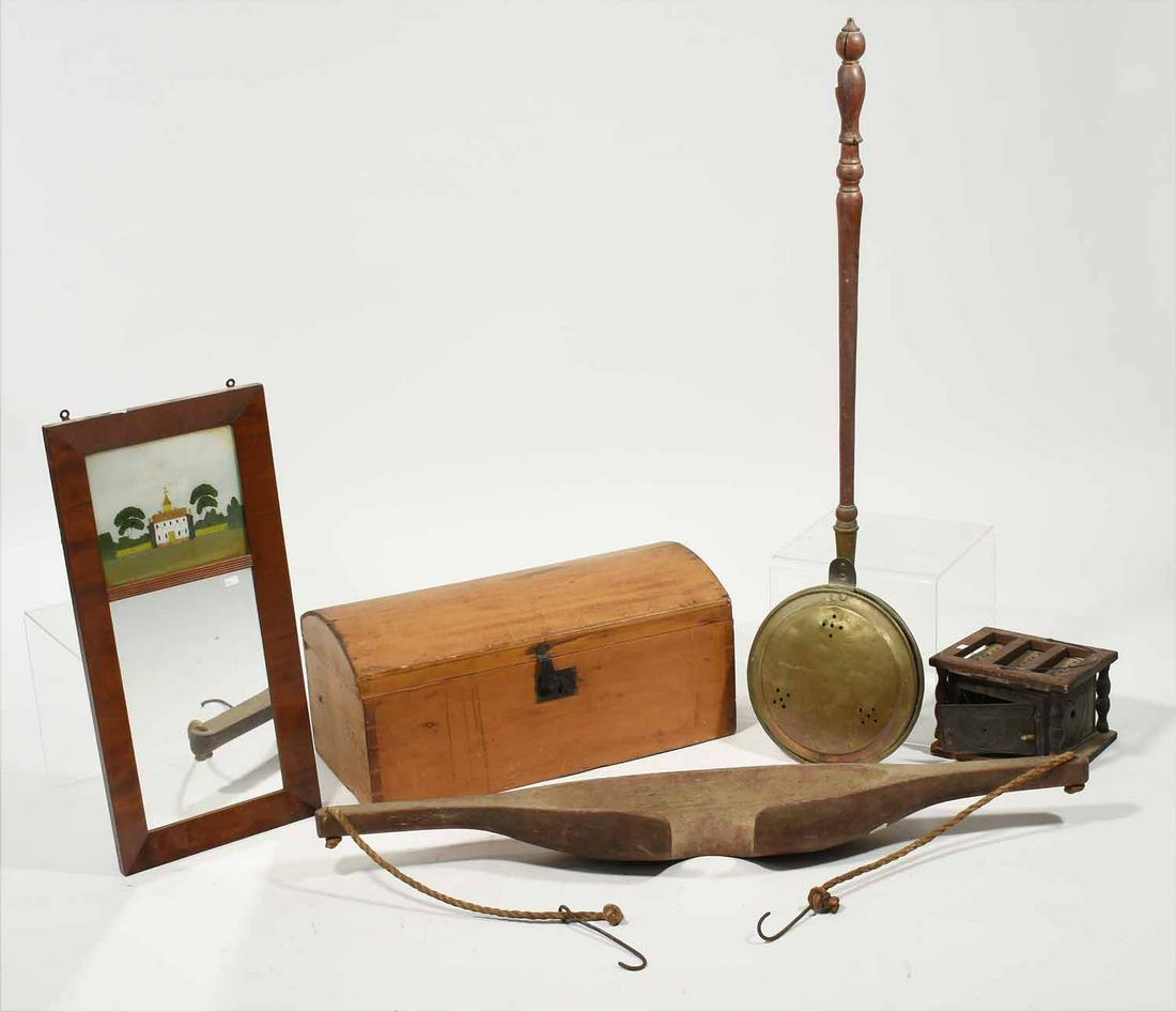 Assorted country lot: Assorted country lot: dome-top box, bed warmers, sap yoke and mirror, 5 pieces