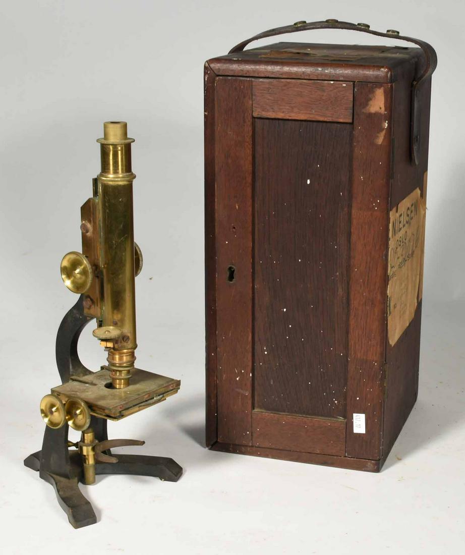 Antique Grunow brass microscope in case: Antique signed microscope in original fitted box, Grunow, 14” H. 