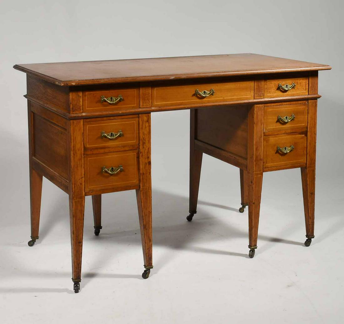 19th C. English Edwardian mahogany writing desk: 19th C. English Edwardian inlaid mahogany writing desk, 43"W. x 25"D. x 31"H.
