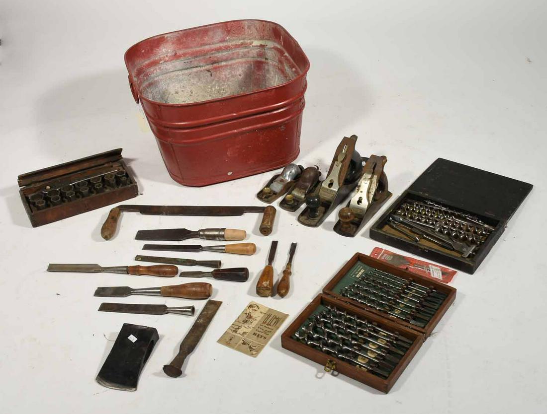 Lot of antique tools: Lot of antique tools, inc. drill bit sets, sockets, chisels, etc.