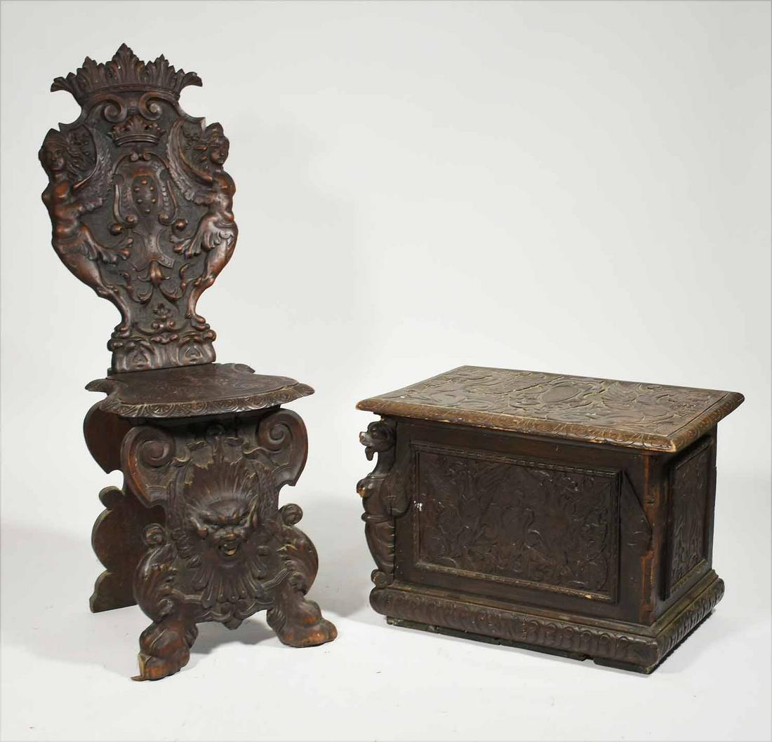 Carved late 19th C. English walnut chair & box: Intricately carved 19th C. English walnut chair and wood box, chair is 46” H and box is 27” W.