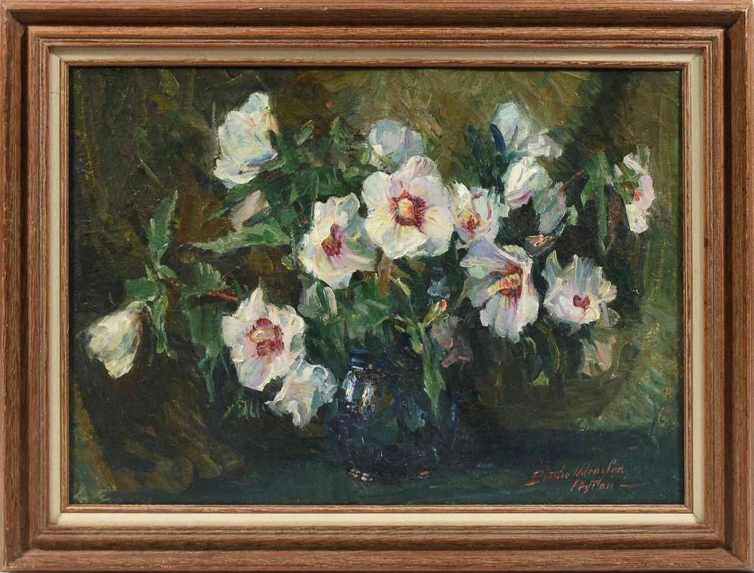 Oil painting by Bertha Menzler Peyton: Oil on canvas, still life of flowers, signed Bertha Menzler Peyton, 18” X 24” (canvas)