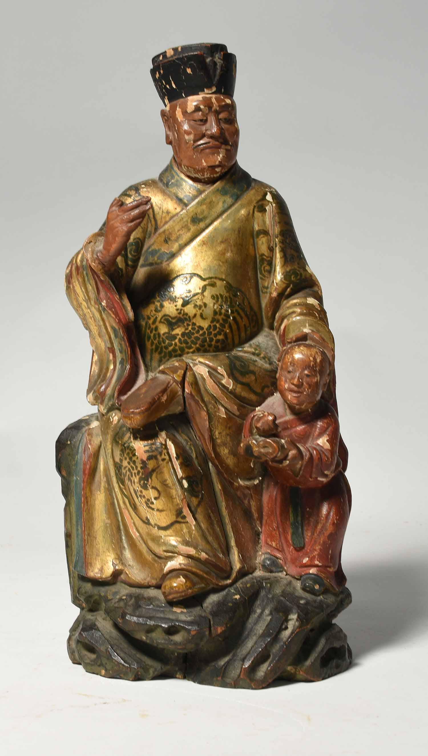 19th C. carved & painted gesso Chinese figure: 19th C. carved wood & painted gesso Chinese scholar elder figure nodder, with pupil, 11" H.
