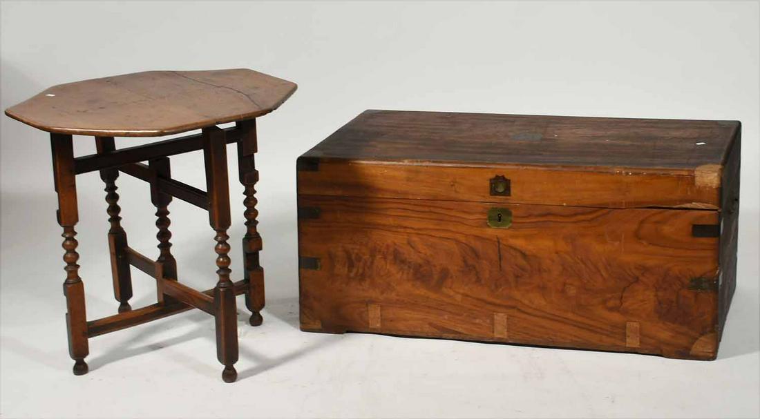 Early storage box & antique oak tuck-away table: Early camphorwood storage box L 41 " x H 18 " x W 19 1/2 " along with antique English oak tuck-away table, 25” H X 25” top.