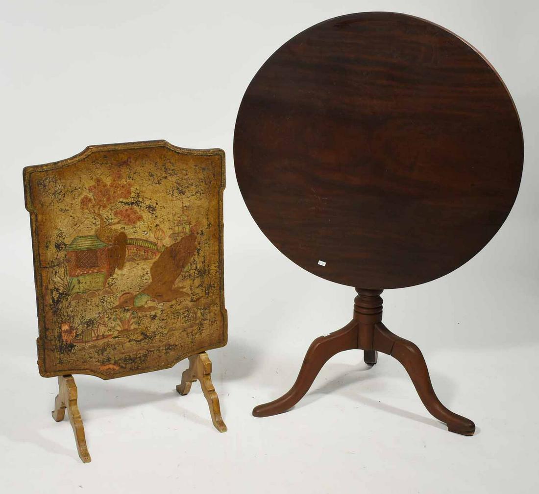 Antique mahogany tea table & fire screen: 19th C. English mahogany tilt-top tea table along with Devard Pat. Fire screen