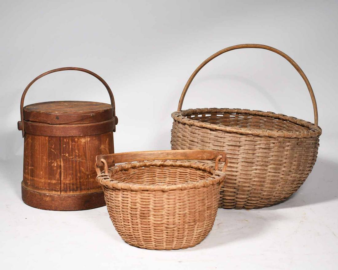 2 baskets with a firkin: 2 early baskets with a firkin, swing handle basket 11”d with a fixed handled basket 16” D with a 10” firkin