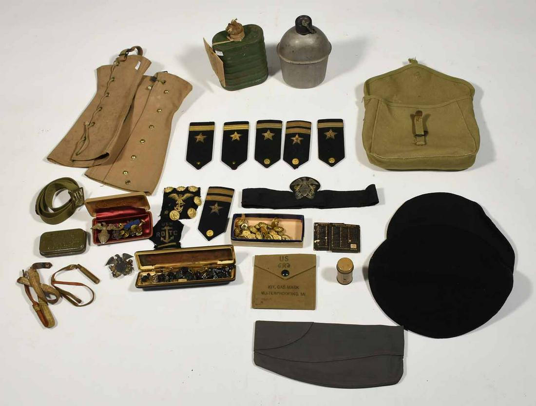 Assorted Grouping of Military Items: Assorted grouping of military items: shoulder boards, emblems, leggings, canteen, other insignia