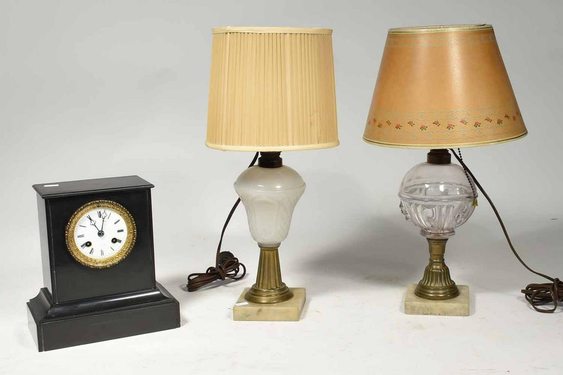 Victorian lot: Victorian lot: black marble shelf clock signed on dial H 9 " along with clam broth and clear glass oil lamps (electrified) 3 pcs