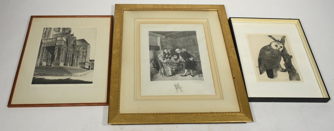 Three etchings: Three etchings including Achille Jacquet after Meissonier 1893, architectural example by John Taylor Arms and example of owl by Clause Saucy, all pencil signed, 15" X 12 and 19" X 14", 12" X 10" (sigh