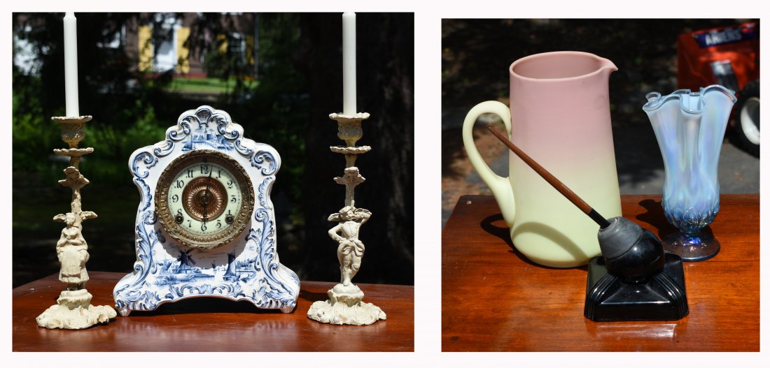 Collectible lot: Porcelain Ansonia clock 11.5"H. along with figural cast iron candlesticks, 11"H along with Assort. art glass, inc. peach blow satin glass pitcher, inkwell, Fenton vase 8"H.