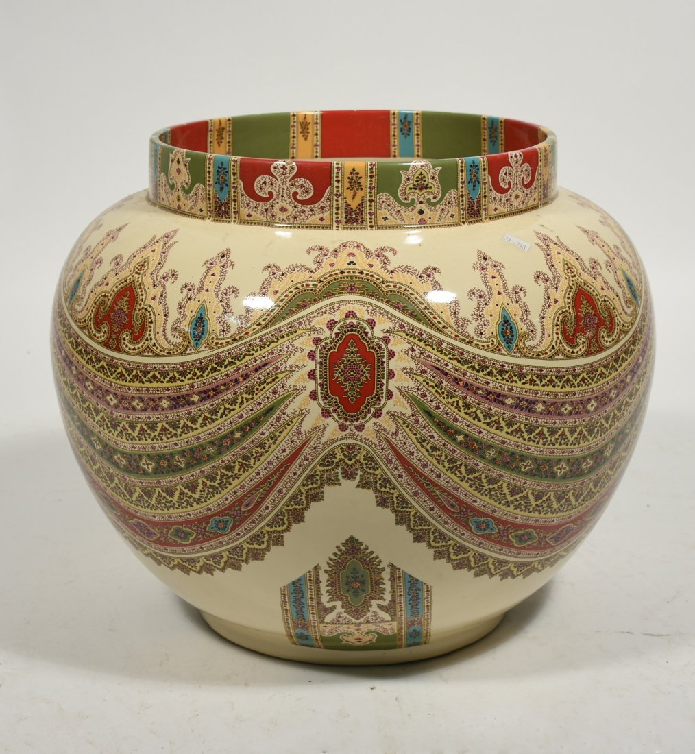 Large Italian porcelain Jardinière: Large Italian porcelain jardinière with paisley design, 16”H x 18”D, marked Maker in Milano Italy