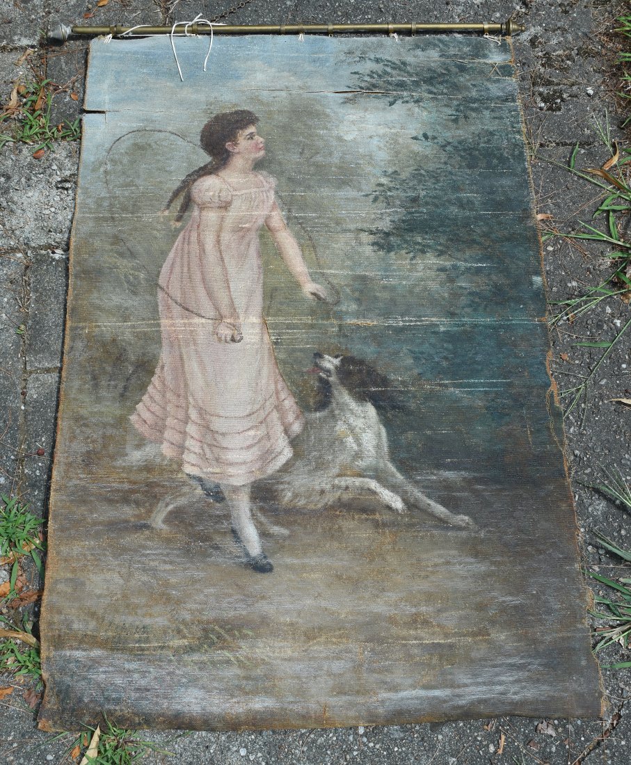 Early painting on canvas/burlap: Early painting on canvas/burlap in scroll form, girl playing jump rope with dog, 42" X 27"