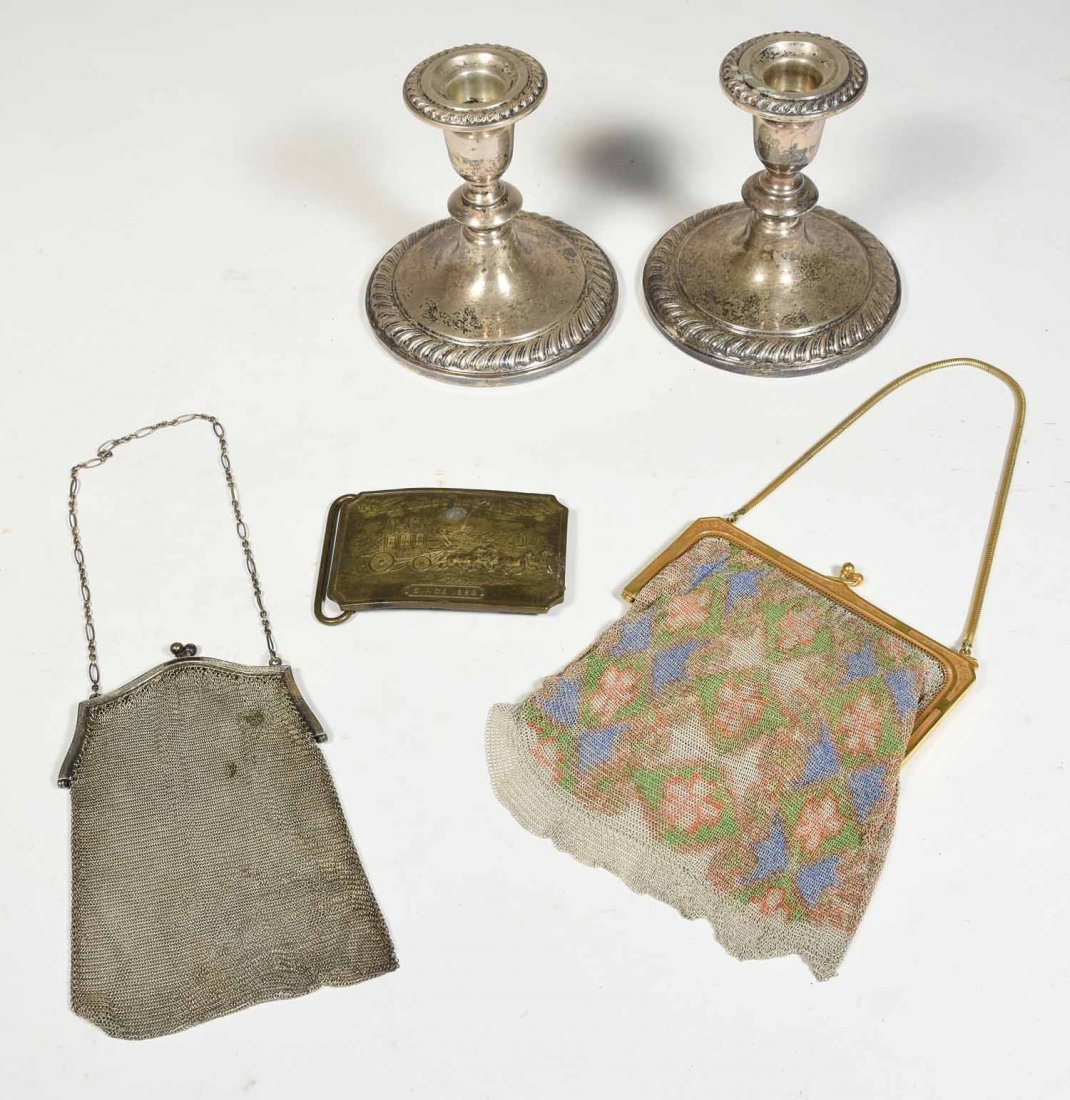 Misc Lot: Misc Lot, Brass belt buckle "Wells Fargo and Co. 1862" and two vintage mesh purses, buckle 4"L , purses 6"H along with 5" weighted sterling candlesticks.