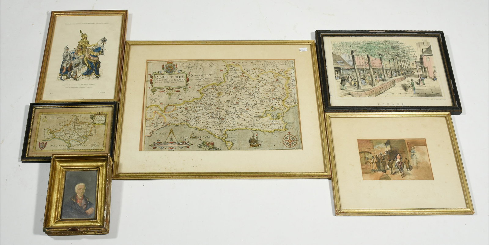 Framed lot, portrait, maps, etc: Antique miniature portrait, pencil and w/c gentleman along with maps, "The Lynn Bridge", "Parte Of Somerset" Degas print, others, 6 pieces