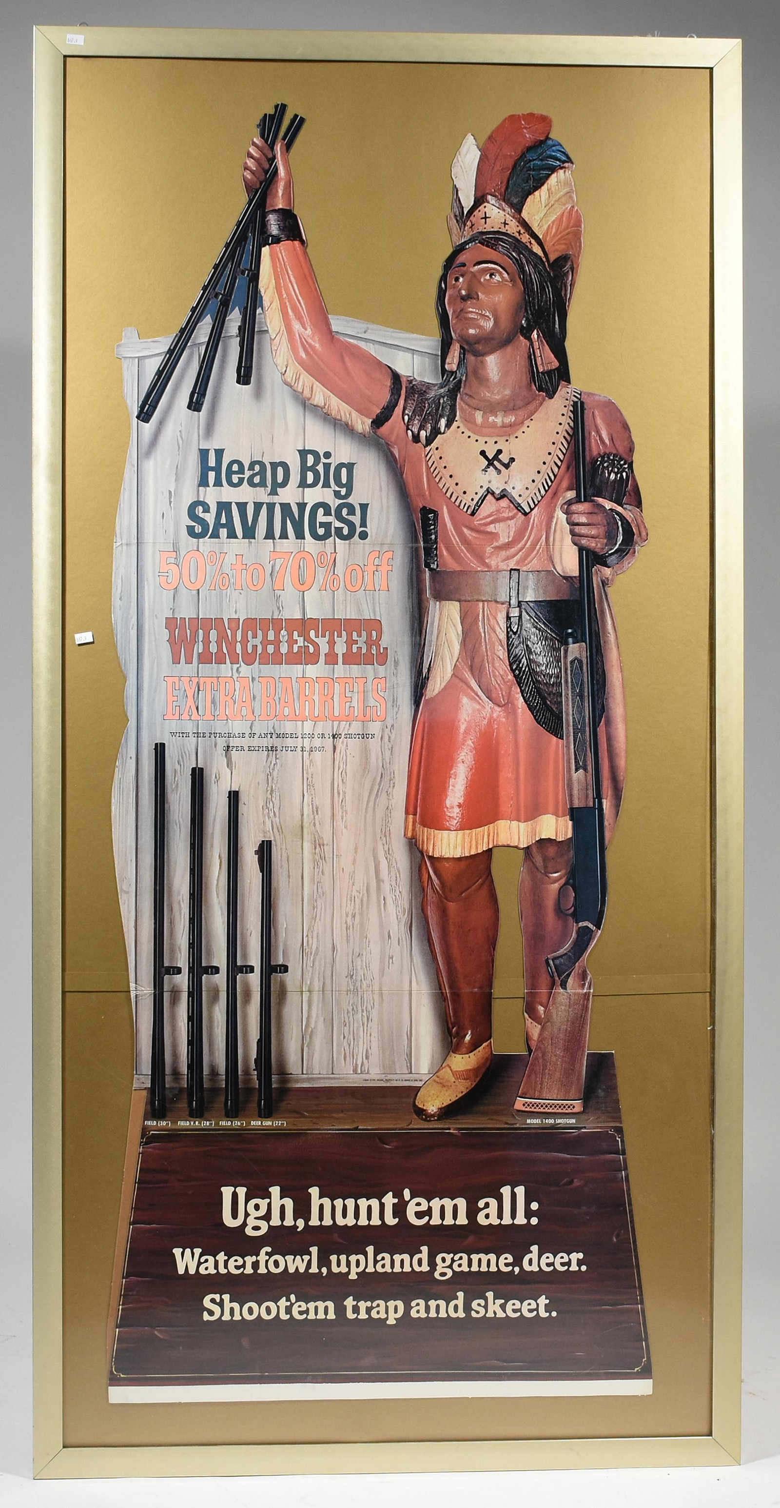 Store display, Winchester Extra Barrels: Large framed cardboard store display, Winchester Extra Barrels, Native American motif - Overall size including frame 67” H X 33.5” W