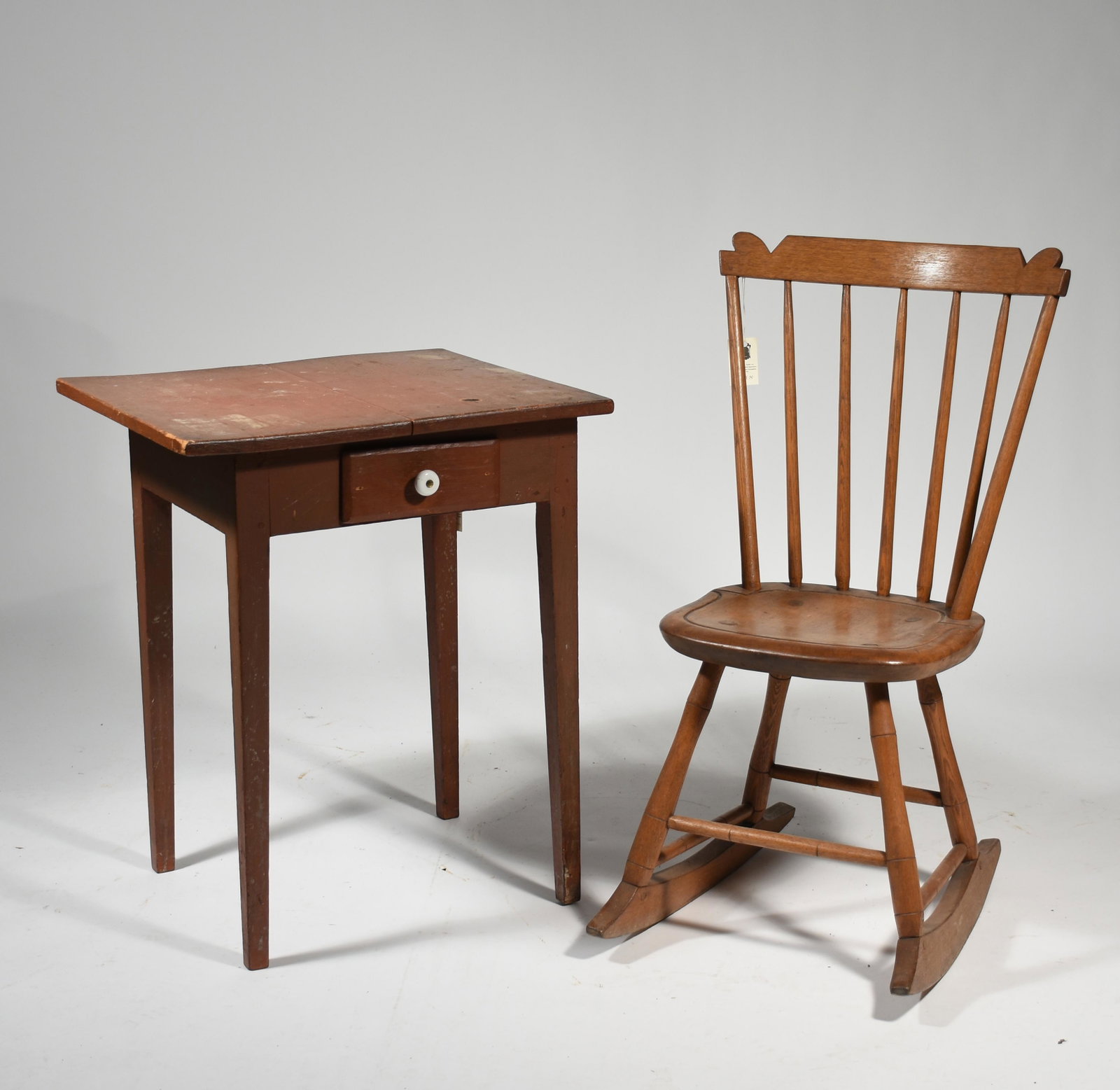 Red painted country one drawer stand & rocking chair: 19th C. red one drawer painted stand along with country rocking chair, 26” H (stand) 33” H (Chair)