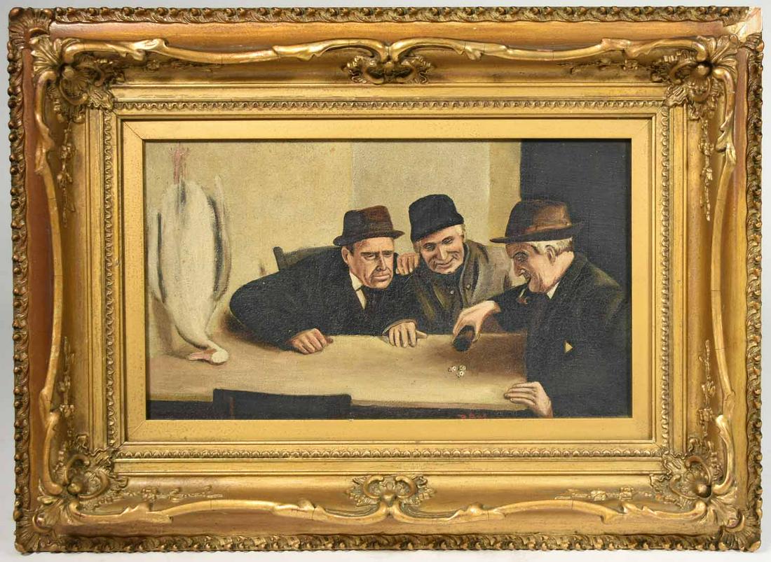 Framed oil on canvas, signed: Framed oil on canvas, three men playing dice, signed, 17.5" x 13" frame, 11.5" x 6.75" sight. 