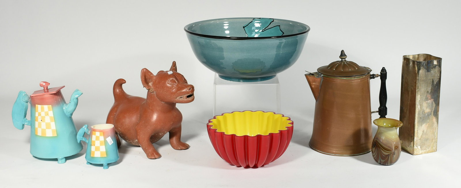 Grouping of items including studio pottery: Grouping of items including studio pottery, art glass bowl and vase, copper hot water kettle, Pre-Columbian style figure of dog, and more