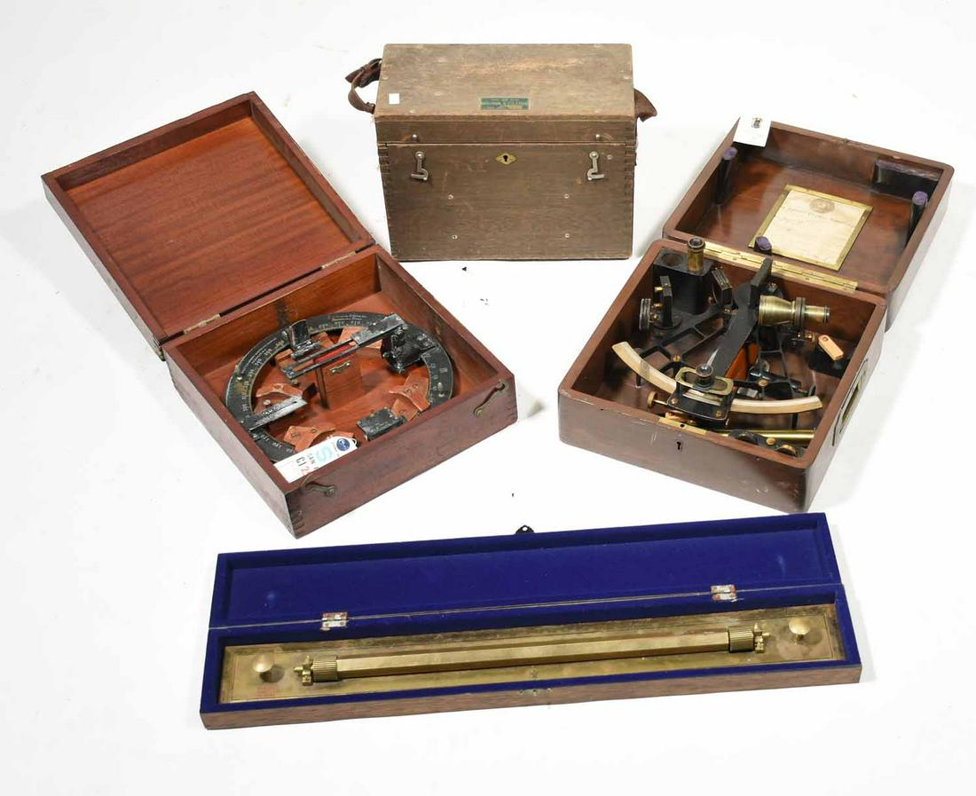 Sextant, brass bar, other related instrument: Sextant in fitted case, along with a related instrument in fitted case, along with other instrument in oak, brass bar in fitted case (locked)