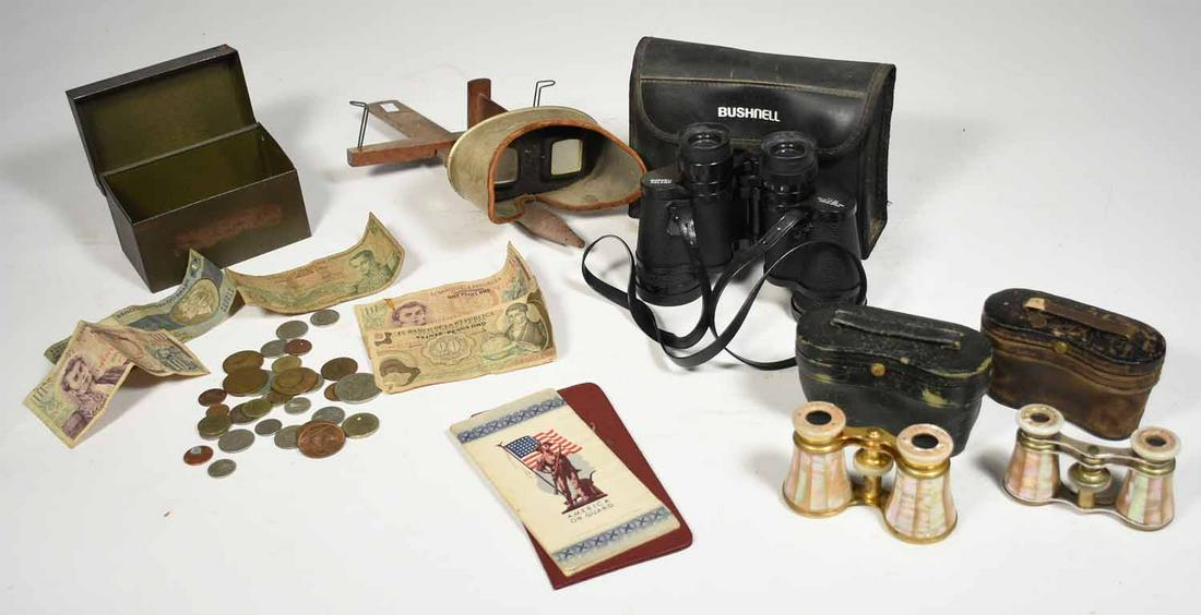 Opera glasses, Bushnell binoculars, box of foreign: Two sets of opera glasses, Bushnell binoculars, box of foreign money, along with an American war stamp book "America on Guard"