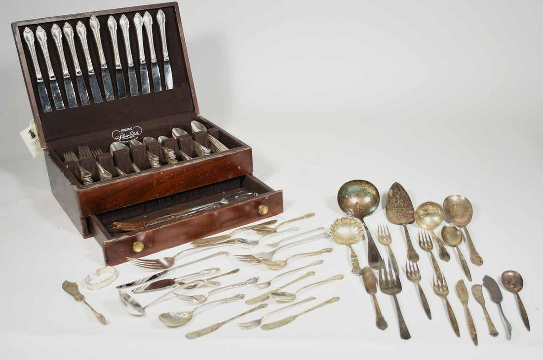 Box of misc. silver plate, with a sterling ladle: Box of misc. silver plate, with a sterling ladle, along with a box of silver plated flatware