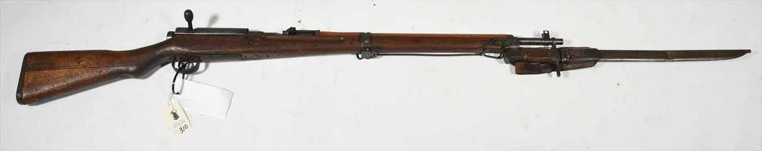 Japanese Ariska rifle w/ bayonet scabbard: Japanese Ariska rifle with bayonet scabbard and leather frog with tripod and emblem, serial# 29280, 23 3/8" barrel L. 