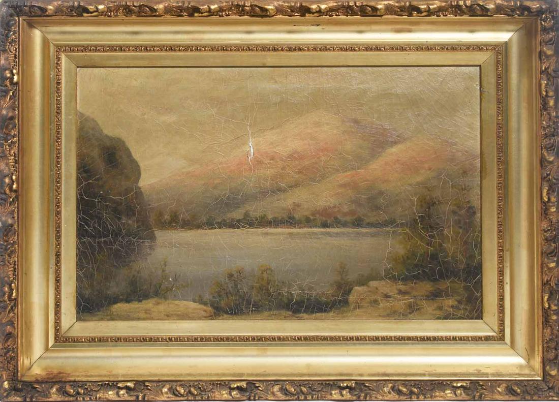 Signed Am. Lake scene oil painting: American oil painting of a lake scene, signed illegibly and dated 1903, in gilt frame, 16” X 24” (canvas)
