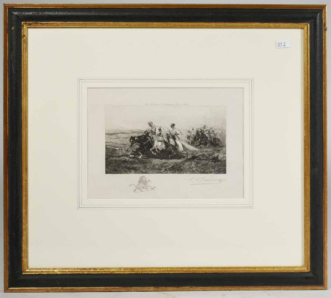1892 engraving after Adolf Schreyer: 19th C. Pencil signed engraving, Arab warriors at a gallup, pencil signed after an Adolf Schreyer painting, paper sight size 6” X 8.5” overall 16” X 18” (frame) 