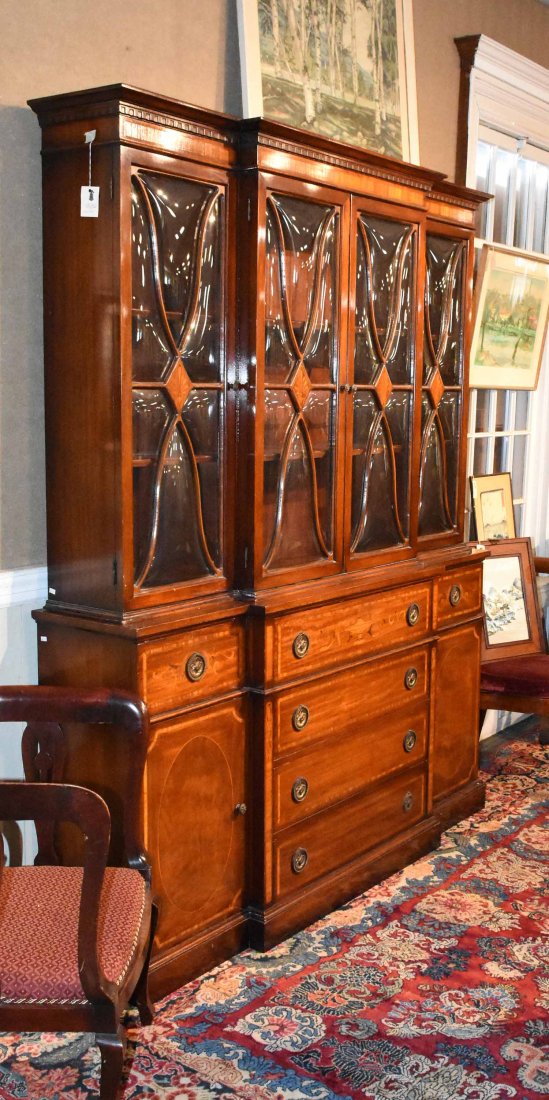 Inlaid mahogany breakfront: Vintage Inlaid mahogany breakfront with butler's desk drawer, bulbous glass, illuminated interior, 66"W X 78"H X 15"D