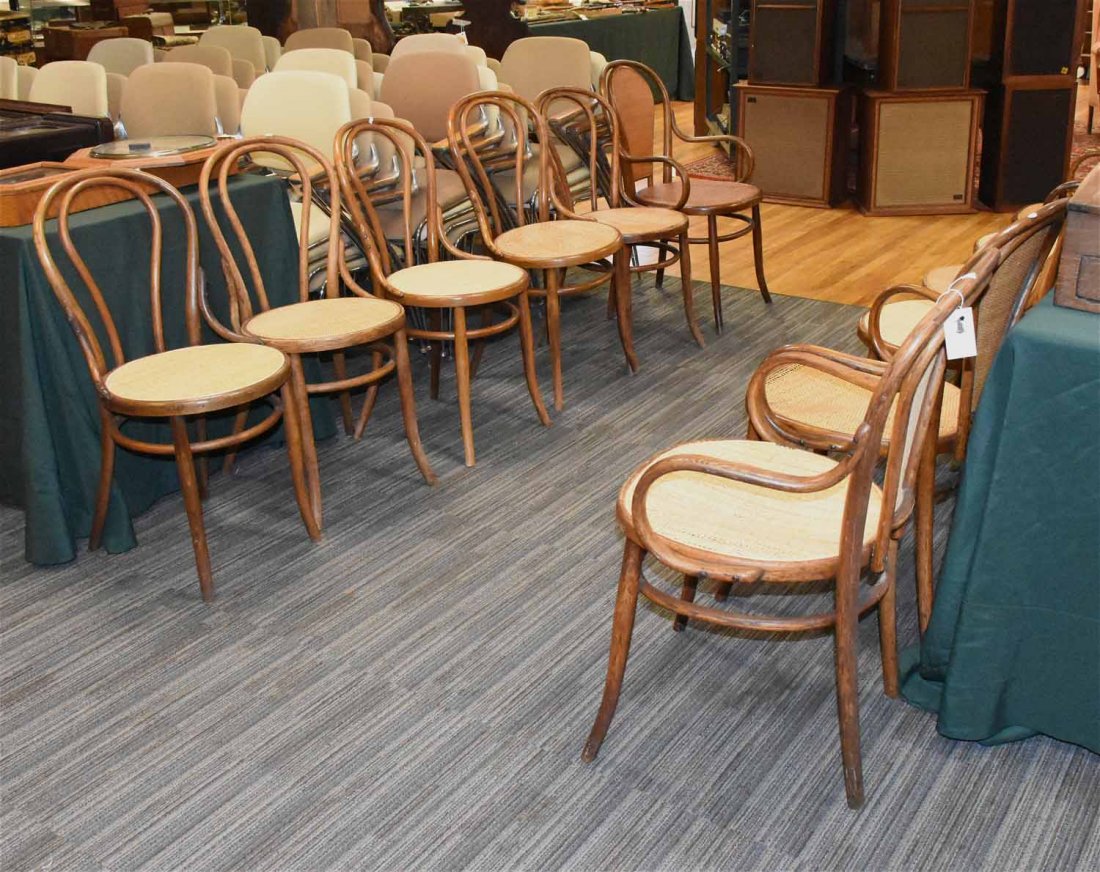 Set of twelve bentwood chairs: Set of twelve bentwood chairs, four with arms and eight sides, overall H 36 " seat H 18 " width of arm chairs 21 " and width of side chairs 16"
