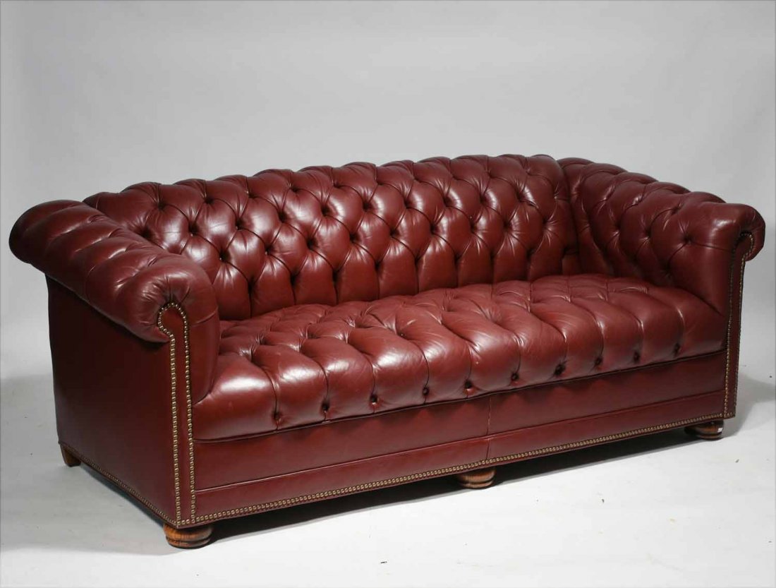 Burgundy leather Chesterfield sofa (1 of 5)