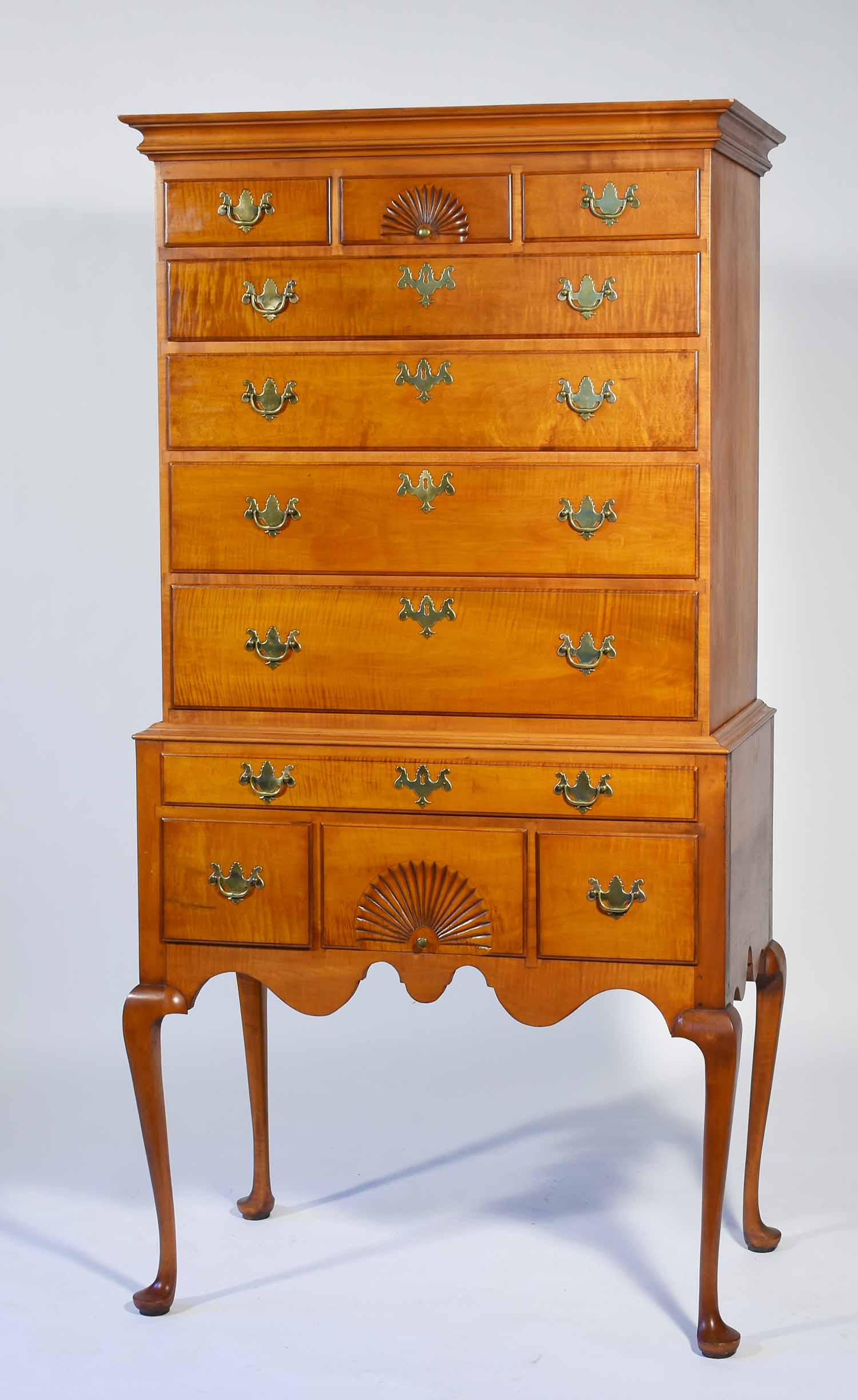 Labeled Eldred Wheeler tiger maple highboy (1 of 7)