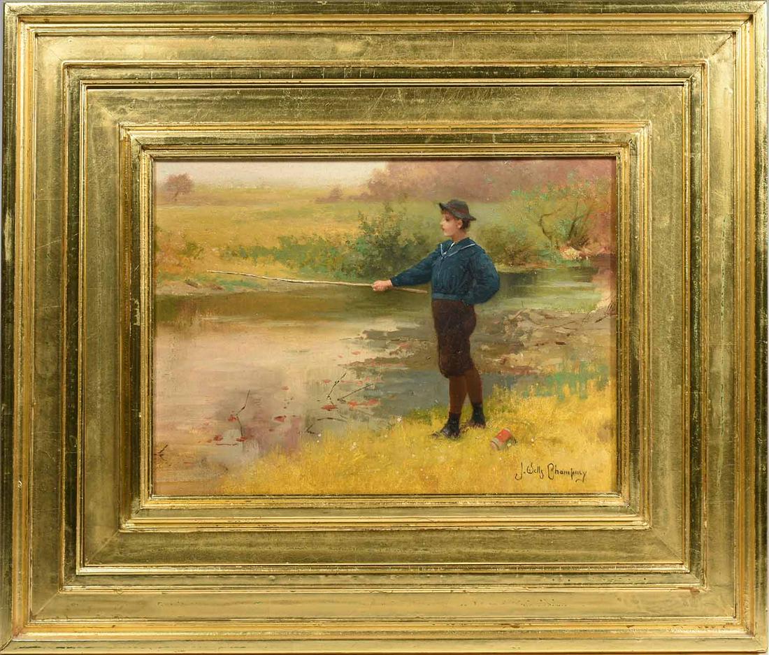 James Wells Champney oil, boy fishing: James Wells Champney (1843 - 1903) was active/lived in Massachusetts, New York, oil on canvas board, boy fishing titled Saturday Afternoon, 9”x 12.5” in a period frame
