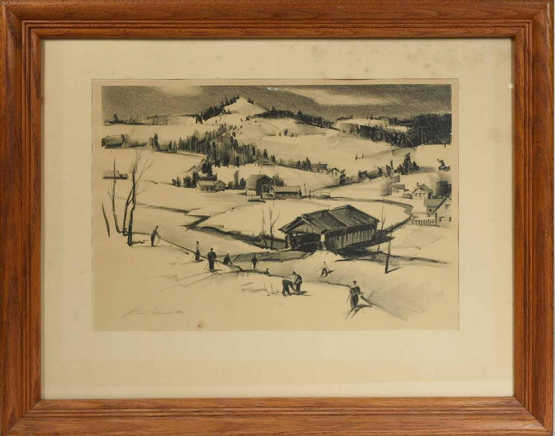 Pencil signed Paul Sample print: Pencil signed print of a ski scene, signed in pencil by Paul Sample, 9” X 13” (sight) in wood frame 16” X 20” overall 