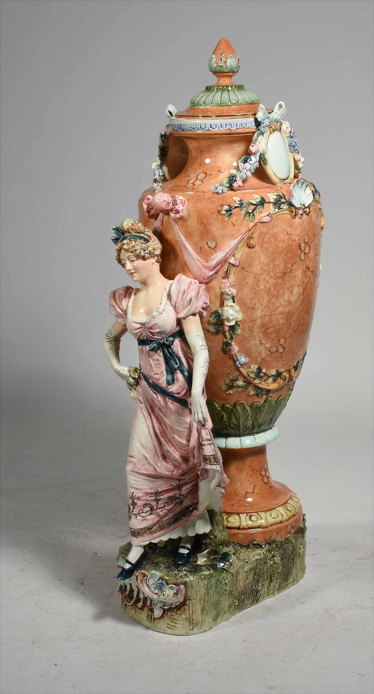 19th C. French Majolica figural urn: 19th C. French Majolica figural centerpiece with lady and covered urn, 26"H.