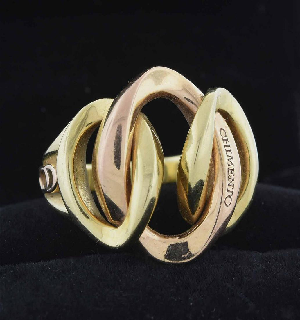 Signed Chimento 18kt yellow and rose gold ring: Signed Chimento 18kt yellow and rose gold ring with interlocking links design, 19.5 mm wide, sz. 7, 12.4 grams