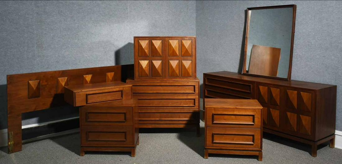 7 piece teak wood danish style bedroom set: Seven-piece teak Danish style bedroom set. Including a triple dresser cabinet on chest, 56" H x 38" wide (lower section) 19" inches deep (lower section), pair of 2 drawer end tables, 25" H x 24" x 16"