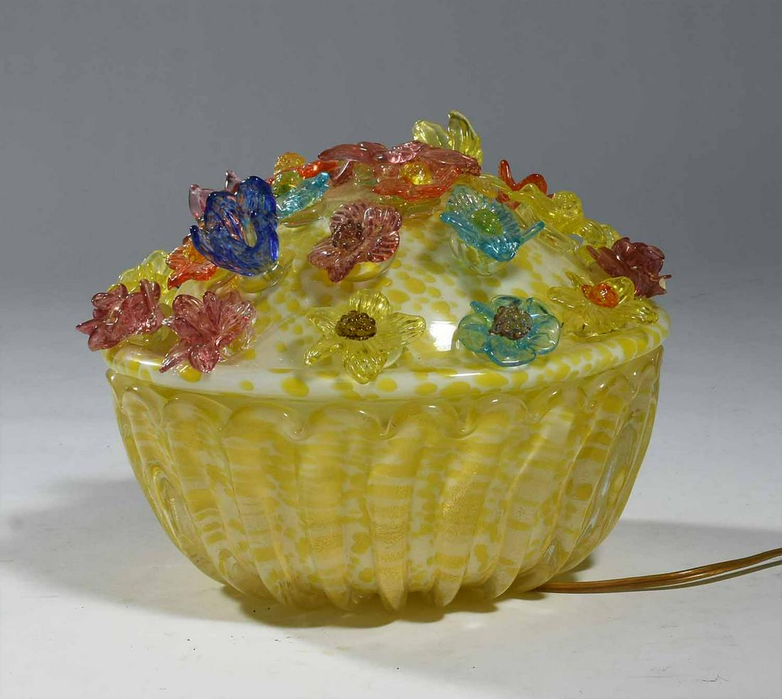 Murano Art Glass Covered Bowl “Lamp” with: Murano Art Glass Covered Bowl “Lamp” with Applied Flowers, mid-20th C. Height approximately 8", circumference approximately 10"