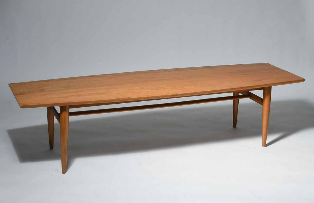 COPENart by Morganton Danish Teak Wood Coffee Table,: COPENart by Morganton Danish Teak Wood Coffee Table, 1950s. The underside stamped with the COPENart furniture line inventory number and the Morganton manufacturer brand, 15" H x 19" W x 58 1/4" L.