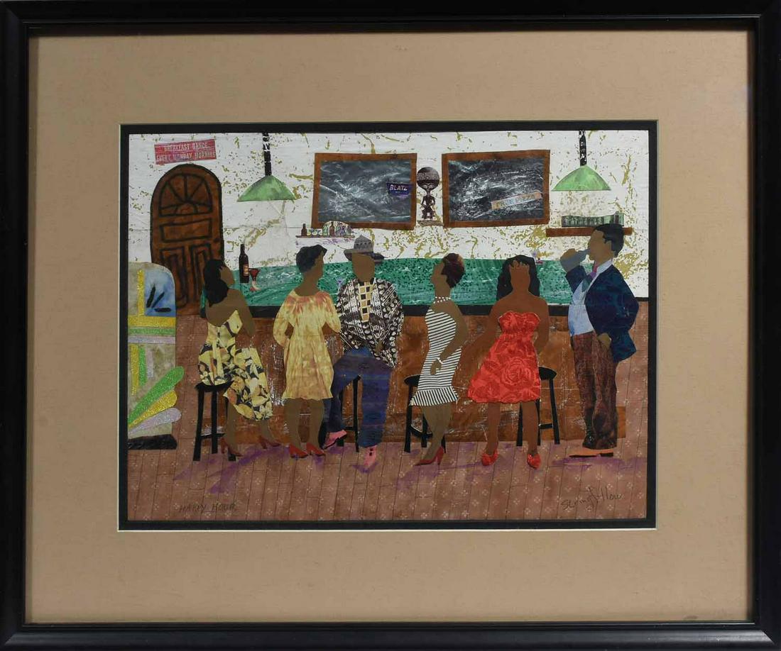 Allen Stringfellow (American, 1923 - 2004). Happy: Allen Stringfellow (American, 1923 - 2004). Happy House, circa 2002. Mixed media collage on paper, signed "Stringfellow" in graphite l.r., titled in graphite l.l. Sight 10 1/2" x 14 3/8", frame 17 3/4