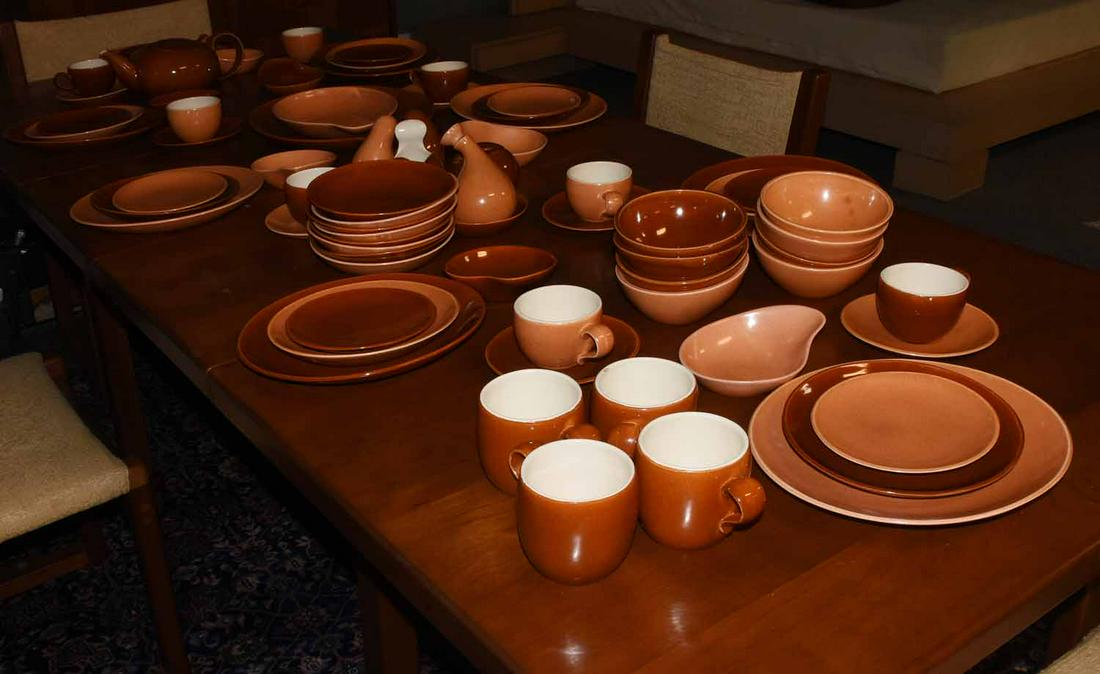 Extensive collection of Redwing Town & Country: Extensive collection of Redwing Town & Country earthernware designed by Eva Zeisel, purchased in 1945 as a wedding gift, 68 pieces - brown and sand colors