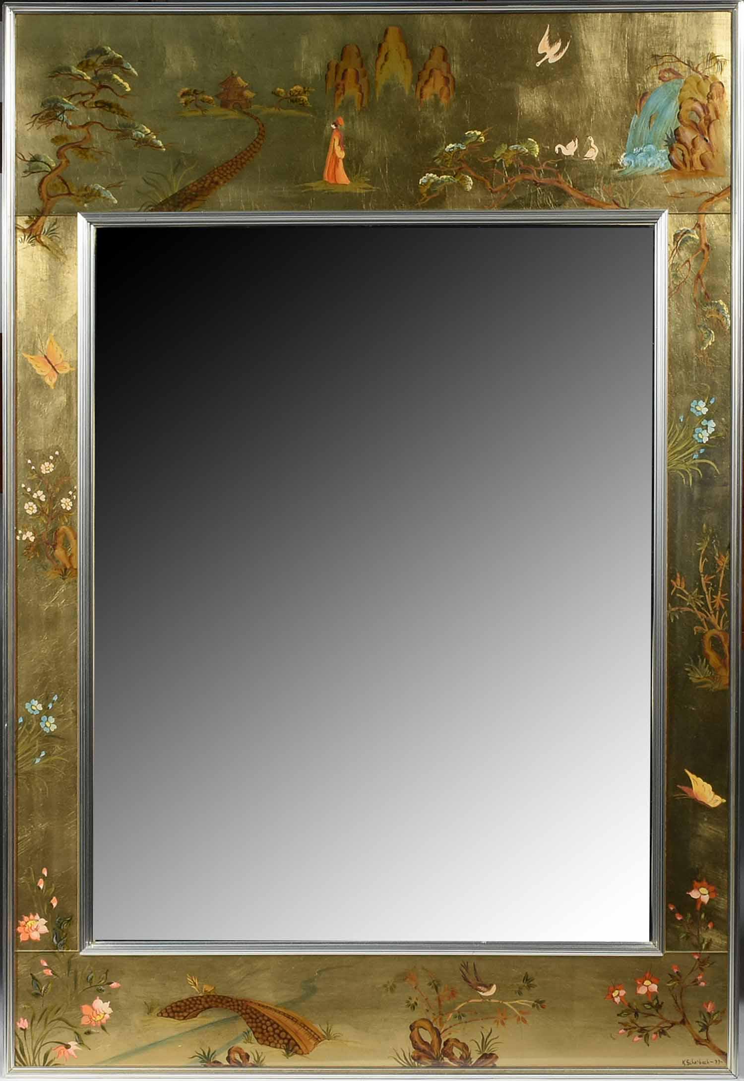Labarge Artist Signed Chinoiserie Gilt-Painted Ming: Labarge Artist Signed Chinoiserie Gilt-Painted Ming Style Mirror, 1977. The beveled mirror within a chrome anodized aluminum gallery style surround and frame with gold leaf overlay on reverse painted 