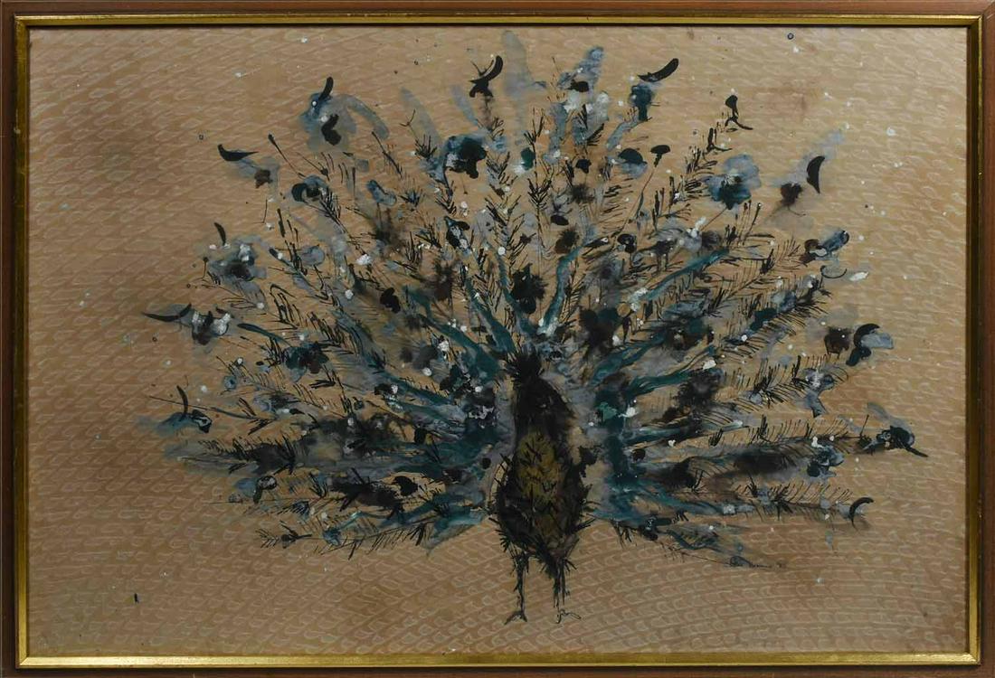 Judith Brown (American, 1932 - 1992). Fanning Peacock,: Judith Brown (American, 1932 - 1992). Fanning Peacock, 1956. Watercolor and gouache on paper, signed and dated "Judith Brown 56" l.r. Sight 22 1/4" x 32 1/2", frame 24 1/2" x 34 1/2"